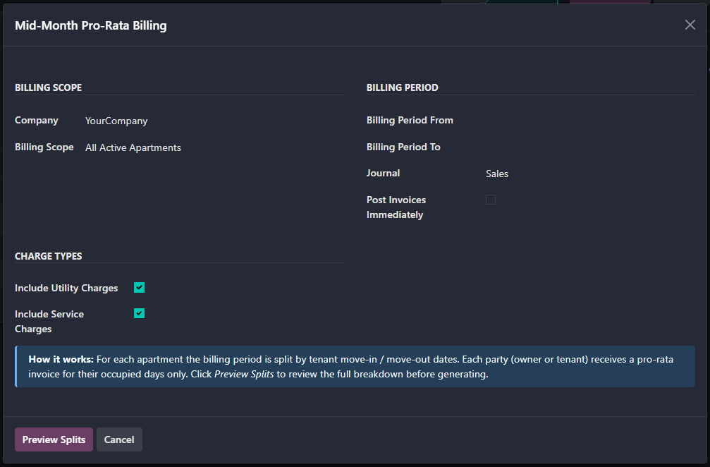 Mid-month pro-rata billing dialog: billing scope and company, billing period from and to, journal, post-invoices-immediately, and checkboxes to include utility and service charges, with an explanation of how the period is split by tenant move-in and move-out dates.