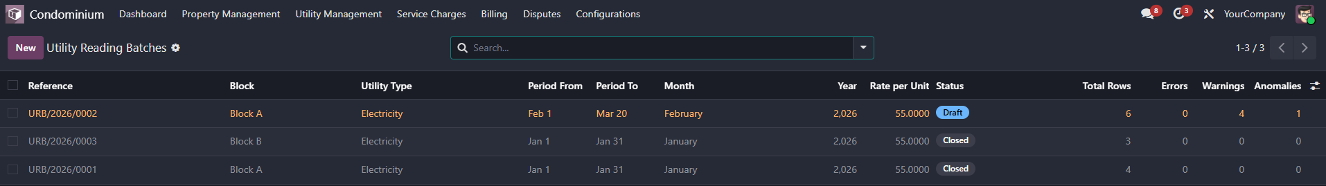 List of utility reading batches showing reference, block, utility type, period from and to, month, year, rate per unit, state, and columns for total rows, errors, warnings and anomalies.