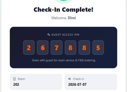 Check-in complete screen showing a six-digit guest access PIN for room service and F&B ordering.