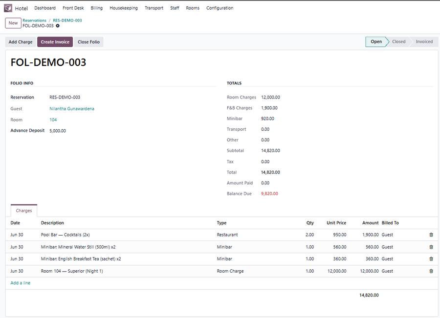 Reservation folio showing room charges, F&B charges and minibar totals with itemised charge lines.
