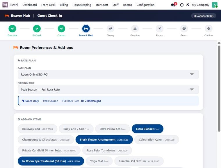 Room preferences and add-ons step showing a grid of priced add-on items including flowers, spa treatment, airport transfer and express laundry.