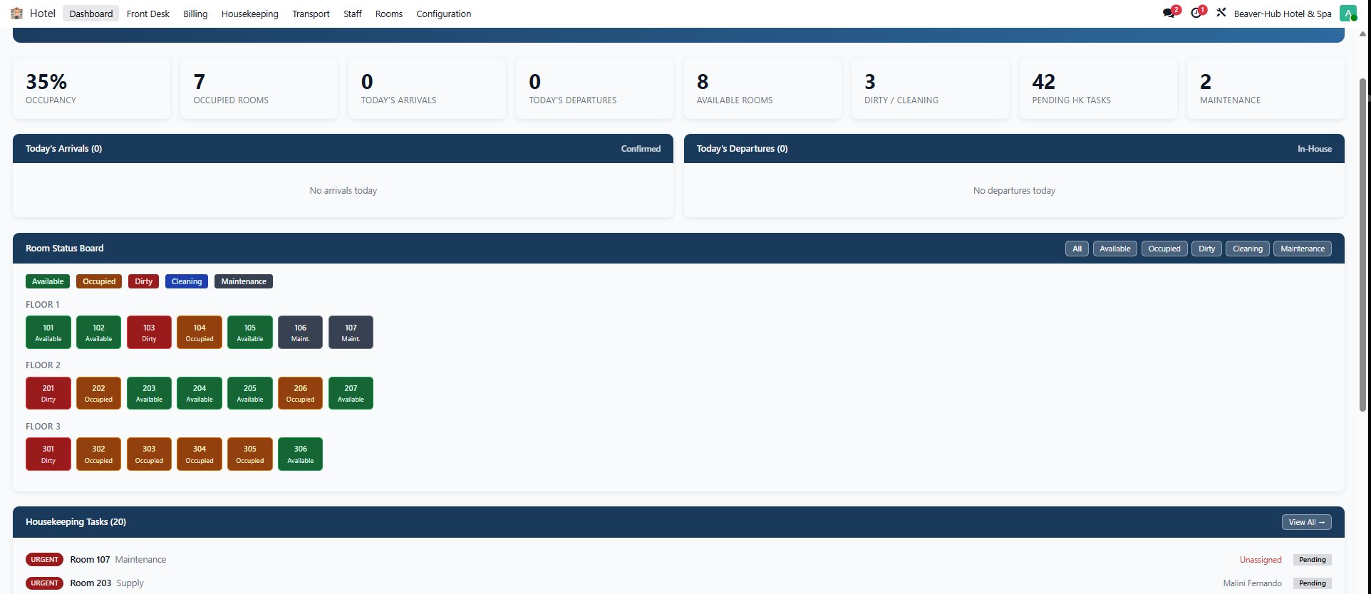 Available room types with counts, nightly rates and an Auto-Assign action for each type.