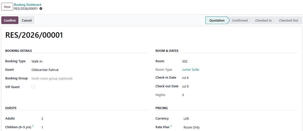 Reservation record showing booking type, guest, VIP flag, board type, room and dates, rate plan and calculated room total.