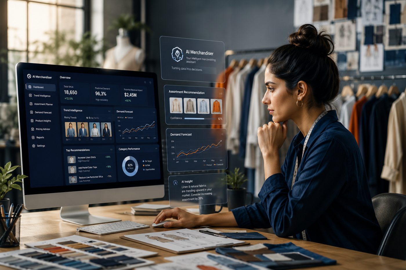 Mithura Merchandising dashboard showing assortment recommendations with confidence score, a demand forecast chart, and an AI insight recommending increased linen assortment.