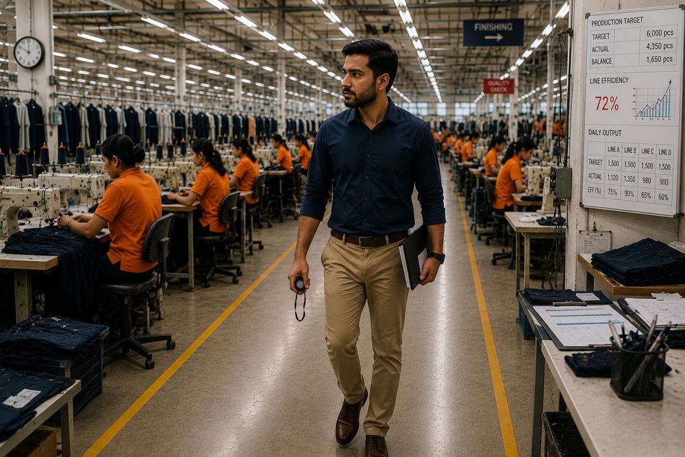 Supervisor tracking line efficiency on a garment factory floor