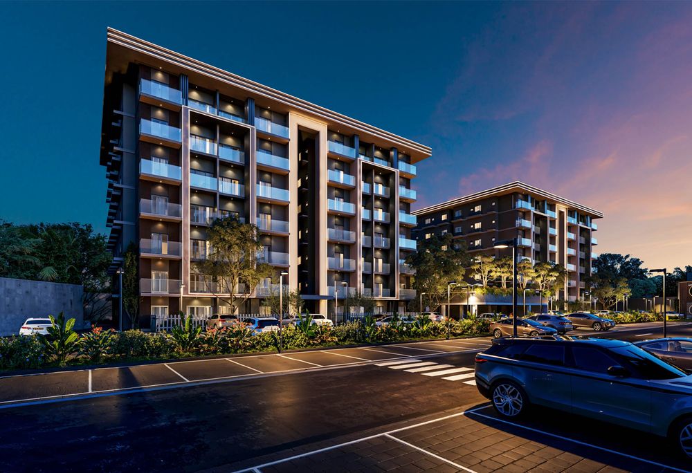 Residential apartment buildings at dusk