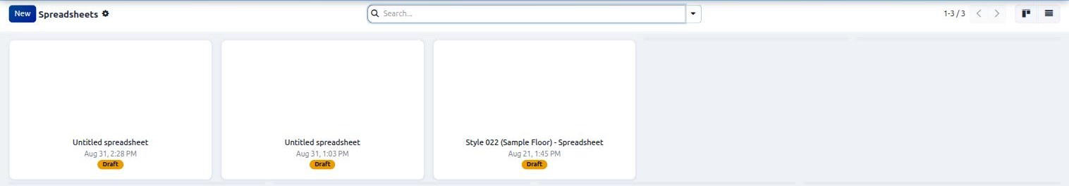 The Sewdoo Costing app listing spreadsheets, including one named for a style it is linked to, each carrying a draft or approved state, with menus for linked spreadsheets, new spreadsheet, file import and configuration.